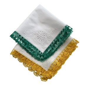 Vintage Set of 2 Swiss Hand-Embroidered Handkerchiefs | Fine Batiste with Crochet Lace Edges |