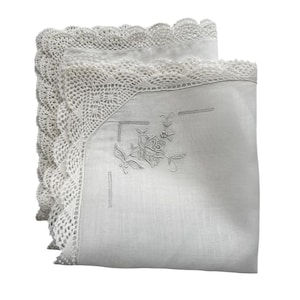 Vintage Set of 2 Swiss Hand-Embroidered Handkerchiefs | Fine Batiste with Crochet Lace Edges |
