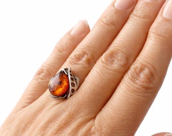 Vintage Silber Baltischer Bernstein Ring. UK Größe: O