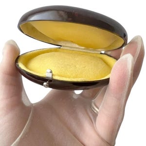 Vintage Bakelite Jewelry Box – Brown Oval Case with Yellow Velvet Lining