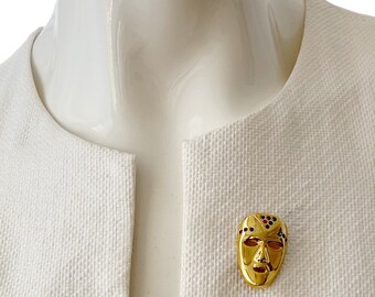 Broche Vintage Années 80 Masques Visages En Métal Argenté - Taille XXL 70x35 Mm
