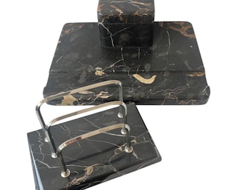 Vintage Art Deco Black Marble Desk Set with Letter Holder