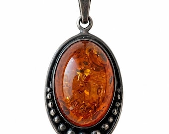 Vintage Sterling Silver Amber Pendant – Oval Baltic Amber Cabochon, Boho Jewelry