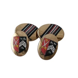 Vintage Enamel Heraldic Chain-Link Cufflinks — Double-Sided, Gold-Tone, Marked L&B,Lambournes of Birmingham