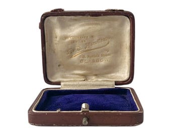 Antique Scottish Jewellery Box Glasgow Leather Jeweller Presentation Case Blue Velvet Interior