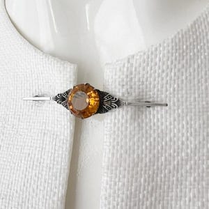 Art Deco Silver Bar Brooch: Orange Glass Gemstone, 1920s Filigree Jewelry