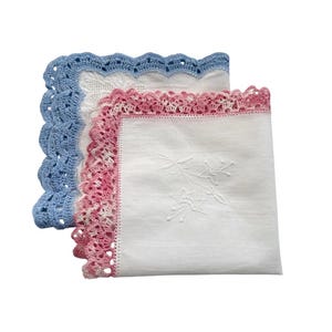 Vintage Set of 2 Swiss Hand-Embroidered Handkerchiefs | Fine Batiste with Crochet Lace Edges |