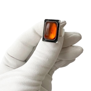 Vintage Niels Erik From Sterling Silver Baltic Amber Ring – 1960s Danish Modernist Jewelry