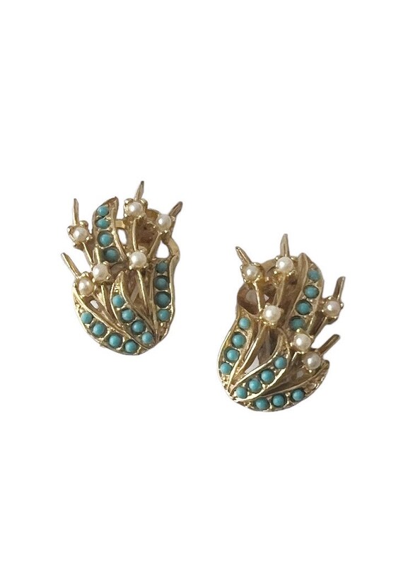 Boucles D'oreilles Vintage à Clip - Métal Doré Et Pierre Turquoise, Style Années 1960