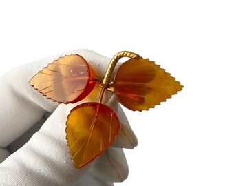 Vintage Baltic Amber Leaves Brooch Gold Plated Brass Frame, USSR 1980s