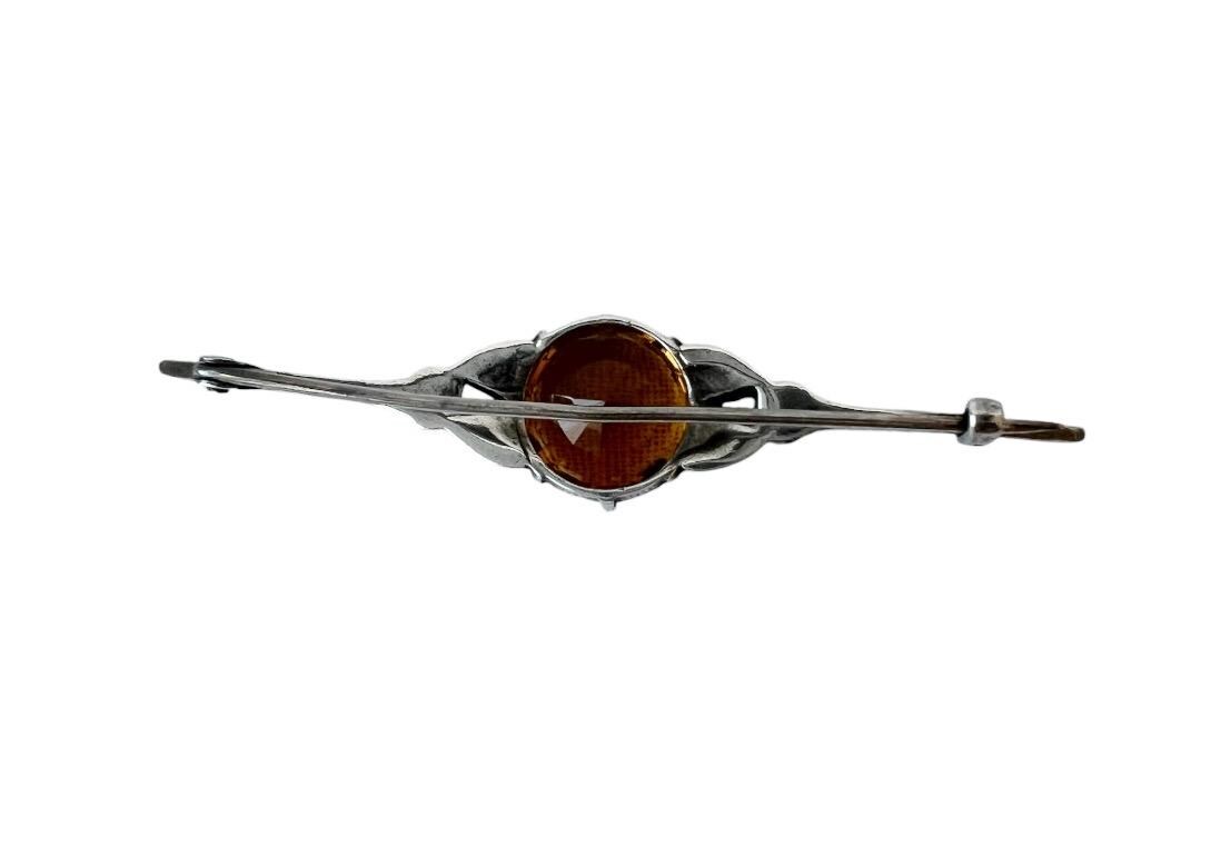 Broche Ancienne Art Déco 1930 - Argent Poinçonné Avec Pierre Orange - Longueur 6 Cm - Occasion