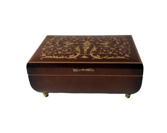 Vintage Reuge Wooden Jewellery Music Box, Floral Bird Inlay, True Love