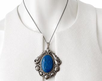Pendentif ancien en calcédoine bleue en argent 800, collier Art nouveau floral Art Nouveau