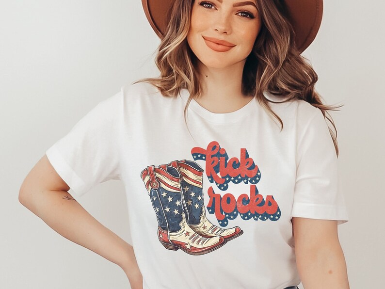 Kick Rocks Tshirt, Fourth of July, 4th USA American Flag, America, Patriotic Cowboy Boots, stars country, comfort colors image 1