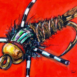 Può includere: Primo piano di un'esca da pesca a mosca colorata con strisce bianche e nere, una testa dorata e una coda di piume marroni. L'esca è su uno sfondo rosso. La firma dell'artista, "Ted Hansen", è nell'angolo in basso a destra.