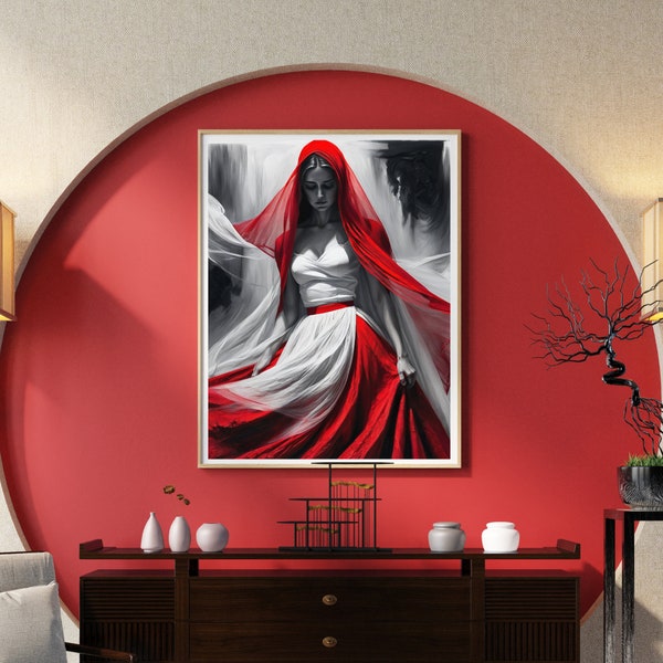 Women in Red Art, digital art print,printable art,FemininePower,EmpoweredWomen,PortraitArt,WallArtDecor,StrongWomen,beautifulwomen,RedDress