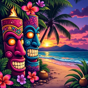 May include: A colourful digital artwork showing two tiki statues with glowing eyes on a tropical beach. The statues are pink and blue, surrounded by green foliage, flowers, and a sunset over the ocean. A palm tree and a candle enhance the island atmosphere.
