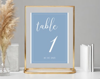 Modèle de numéros de table bleu poussiéreux, numéros de Table imprimables, 3 x 5 4 x 6 5 x 7, modèle de toile modifiable, modèle de mariage élégant bleu, colombe