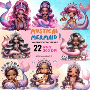 Whimsical Bundle of Adorable Mermaids and Cute Sea Creatures: Charming Mermaid Clip Art Collection,Sticker