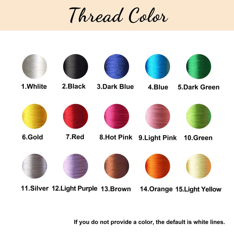 Op de afbeelding: Een tabel met 15 verschillende draadkleuren voor borduren. De kleuren zijn: wit, zwart, donkerblauw, blauw, donkergroen, goud, rood, roze, lichtroze, groen, zilver, lichtpaars, bruin, oranje en lichtgeel. De tekst "Thread Color" staat bovenaan de tabel. De tekst "Als u geen kleur opgeeft, is de standaardinstelling witte lijnen." staat onderaan de tabel.