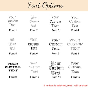 Op de afbeelding: Een grafiek met 12 verschillende lettertypen om tekst aan te passen. De tekst "Your Custom Text" wordt in elk lettertype weergegeven. De tekst "Font 1" tot en met "Font 12" wordt onder elk lettertype weergegeven. De tekst "Als er geen lettertype is geselecteerd, wordt lettertype 1 gebruikt." wordt onderaan de grafiek weergegeven.