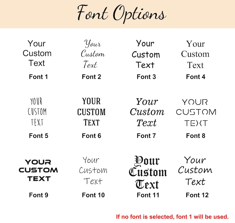 Op de afbeelding: Een grafiek met 12 verschillende lettertypen om tekst aan te passen. De tekst "Your Custom Text" wordt in elk lettertype weergegeven. De tekst "Font 1" tot en met "Font 12" wordt onder elk lettertype weergegeven. De tekst "Als er geen lettertype is geselecteerd, wordt lettertype 1 gebruikt." wordt onderaan de grafiek weergegeven.