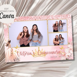 Quinceanera Photo Booth Template Sweet 16 Bearbeitbares Pink Gold Blumengeburtstag Photobooth Overlay Bearbeitbare Vorlage Canva Princess Frame 2006B