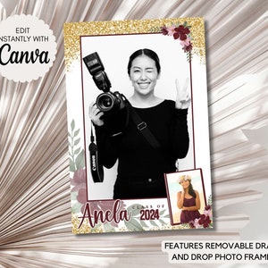 Modèle de photomaton de remise des diplômes Félicitations promotion 2024 Quinceanera Photobooth 360 Overlay modèle modifiable cadre or rose marron mauve
