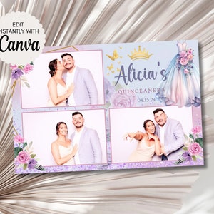 Quinceanera Photo Booth Template Sweet 16 Editable Pink Purple Birthday Photobooth Overlay Editable Template Canva Princess Frame 2006K