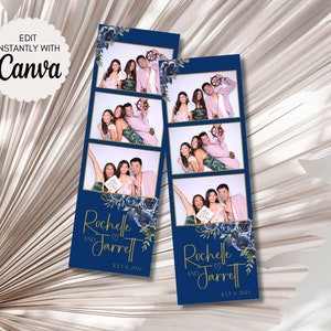 Navy Blue Gold Photo Booth Floral quinceanera Elegant Wedding Sweet 16 Birthday Photobooth Overlay Editable Template Canva 4x6 Layout Strip