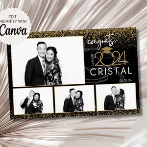 Graduation Photo Booth Template Congrats Class Of 2024 Editable Prom Birthday Photobooth Overlay Editable Template Black Gold Frame 2007G