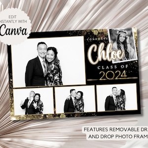May include: Black and gold photo booth template with a black background and gold glitter. The template has four photo spaces and a header that says "Congrats Chloe Class of 2024".