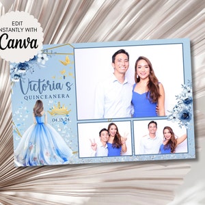 Quinceanera Photo Booth Template Sweet 16 Editable Blue Floral Birthday Photobooth Overlay Editable Template Canva Princess Frame 2006A