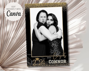 May include: Black and gold graduation photo booth frame with a gold glitter background. The frame has a black border and a gold glitter border. The text "Class of 2021" is in gold letters with a graduation cap icon. The text "Congrats Connor" is in gold letters. The date "04.15.24" is in white letters.