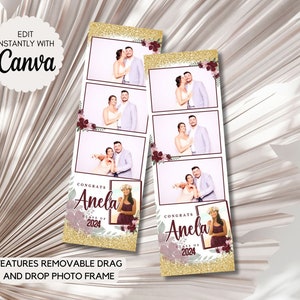 Modèle de photomaton de remise des diplômes Félicitations promotion 2024 Quinceanera Photobooth Overlay modèle modifiable bordeaux mauve rose or cadre bandes