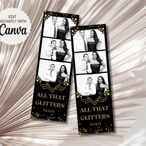 May include: Two black and gold photo booth strips with the text "All That Glitters" and the date "03.25.23". Each strip has four photo slots with black and white photos of a couple.
