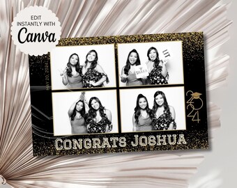 May include: Black and gold graduation photo booth backdrop with four photo strips featuring two people in each photo. The backdrop has a glitter texture and the text "Congrats Joshua" and "May 20, 2024" printed on it.