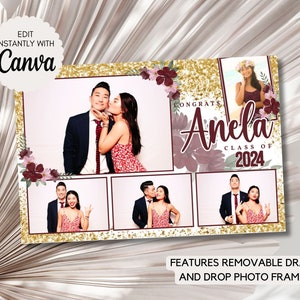 Modèle de photomaton de remise des diplômes Félicitations pour la promotion 2024 Modèle modifiable de superposition de photomaton Quinceanera, cadre or rose marron mauve
