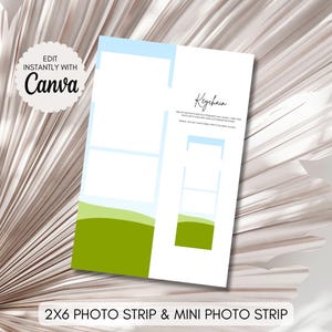 May include: A white photo strip template with a blue and green landscape design. The template includes space for photos and text, with the word "Keychain" written in script. The text "Edit Instantly With Canva" is in a circular design.
