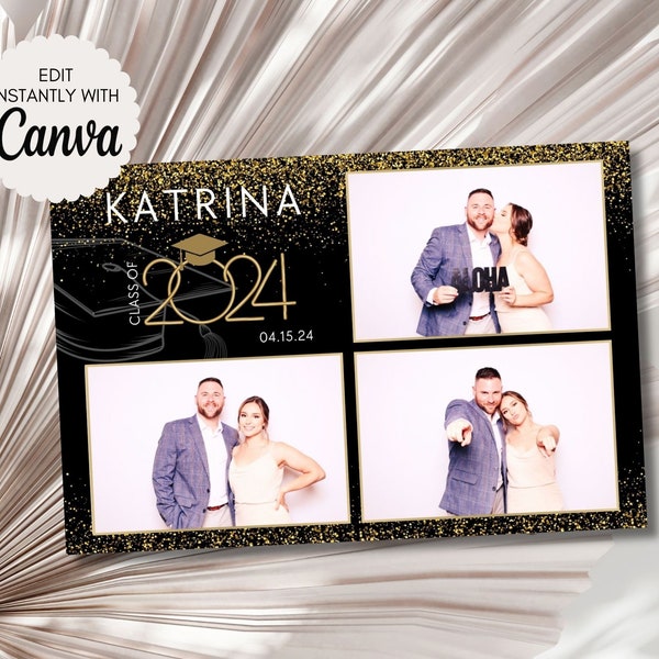 Graduation Photo Booth Template Congrats Class Of 2024 Editable Prom Birthday Photobooth Overlay Editable Template Black Gold Frame 2007K