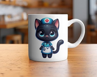 Mug chat Infirmier, cadeau fête des mères. Mug drôle sur les chats, parfait pour, anniversaires et amoureux des chats. Mug Céramique 33cl.