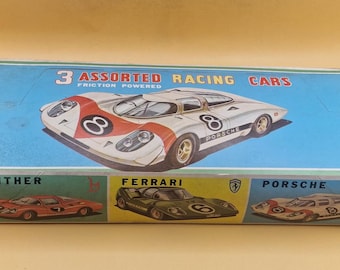 Vintage MTH Japan Tin Racing Cars Set Boxed Ferrari Porsche Panther Friction Powered 12 Cars Rare