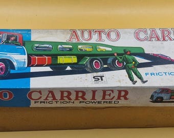 Vintage Sanyu Japan Tin Auto Carrier Truck Boxed Friction Powered Car Transporter w Cars Rare