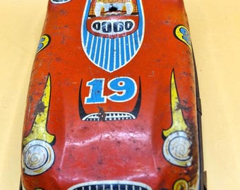 Vintage British Tinplate Race Car No.19 Made In Great Britain 28cm Lithographed Tin Toy Racer