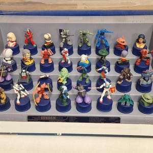 May include: A display case filled with miniature Gundam figures. The figures are on blue bottle caps and are various colors, including red, green, and blue. The display case is gray and has the word "GUNDAM" on it.