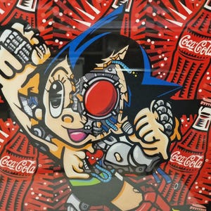 May include: A colorful illustration of a robot boy with a red eye and blue hair, surrounded by red and white Coca-Cola bottles.