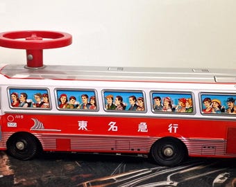 Vintage Ichiko Japan Tin Toy Bus 50cm Large Lithographed Friction Ride-On Showa Era Red Express