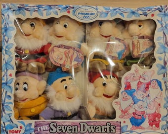 Disney Snow White Seven Dwarfs TOMY Japan Plush Doll Set Boxed Store Display Rare Vintage