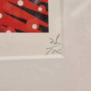 May include: A close-up of a white mat with a red and black abstract print. The print features white circles and black lines. The mat is signed in the bottom right corner with the number "26/700".