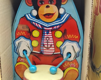 Vintage KO Monkey Drummer Water Pump Tin Toy w Box Japan Battery Operated Collectible